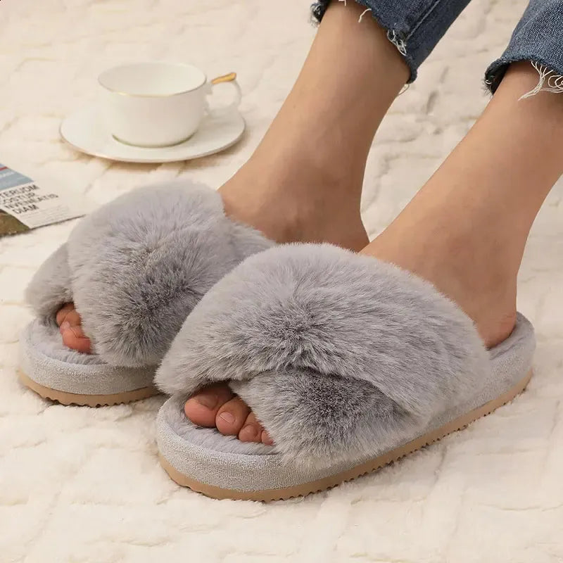 Winter Womens Fuzzy Slippers Warm Fluffy Indoor House Shoes Outdoor Antiskid Slippers Fashion Soft Open Toe Bedroom Slippers 240830