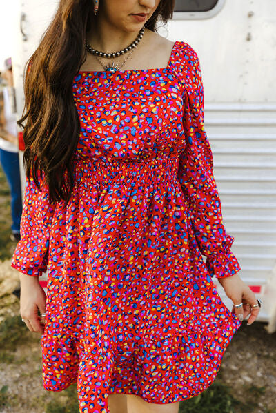 swvws Printed Smocked Flounce Sleeve Dress