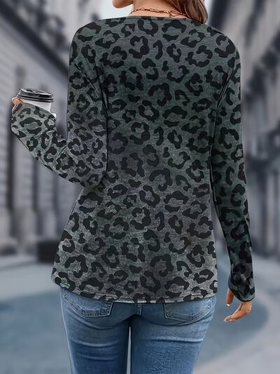 swvws Leopard V-Neck Long Sleeve T-Shirt