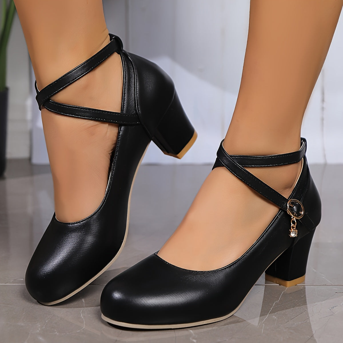 Stylish Chunky Mid Heel Pumps - Women Shoes with Crisscross Buckle Strap, Solid Color, All-Match Dress Shoes for Work, Party, and Daily Wear