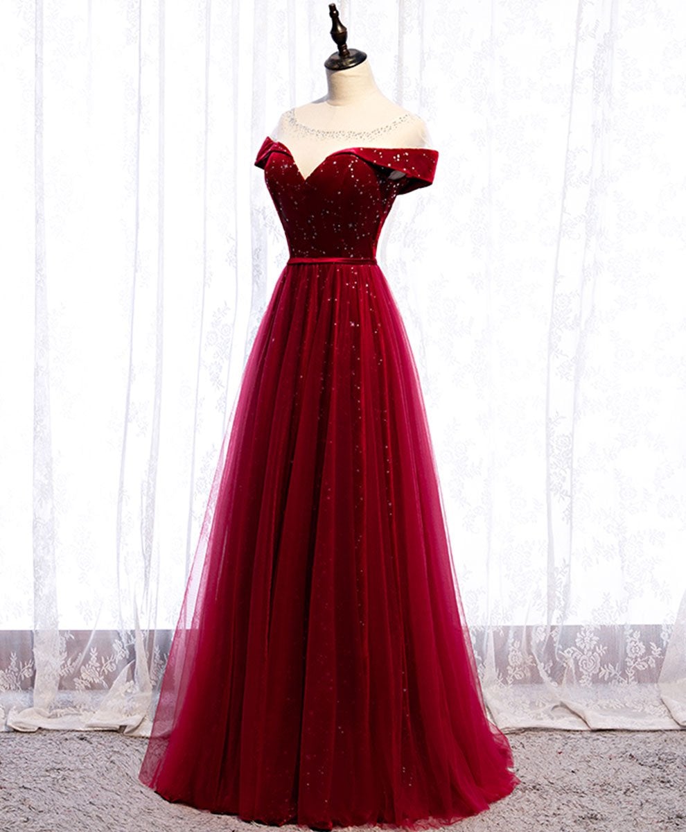 Tmallworld Glam Wine Red Tulle with Velvet Long Party Dress, Dark Red Formal Dress Prom Dress