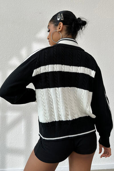 swvws Cable-Knit Color Block Raglan Sleeve Cardigan