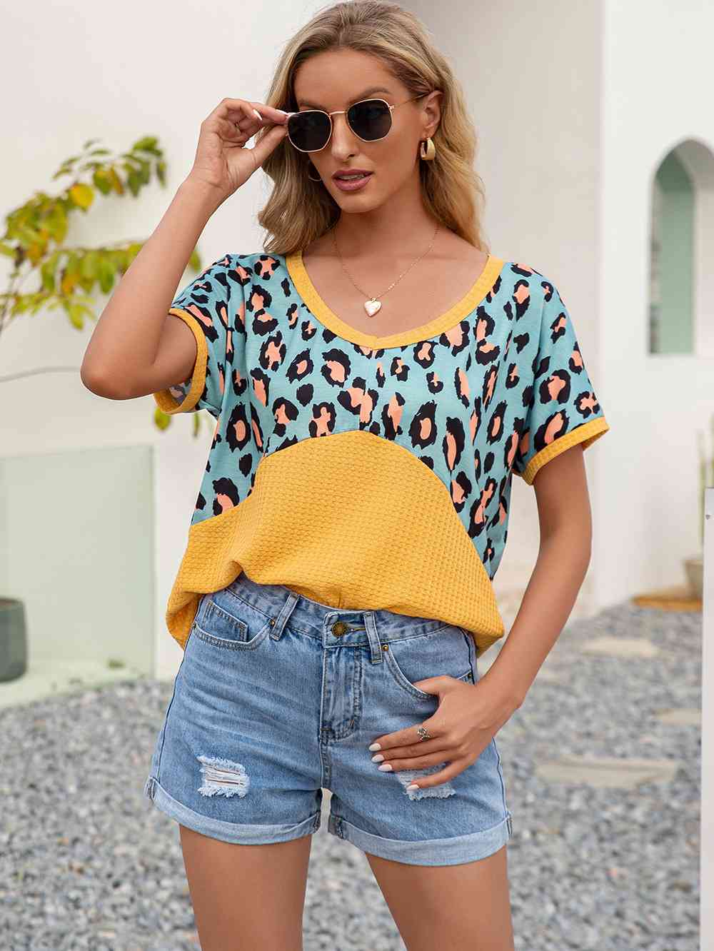 swvws Leopard Waffle-Knit Short Sleeve Top