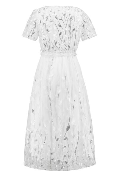 swvws Sequin Leaf Embroidery Tie Front Short Sleeve Dress