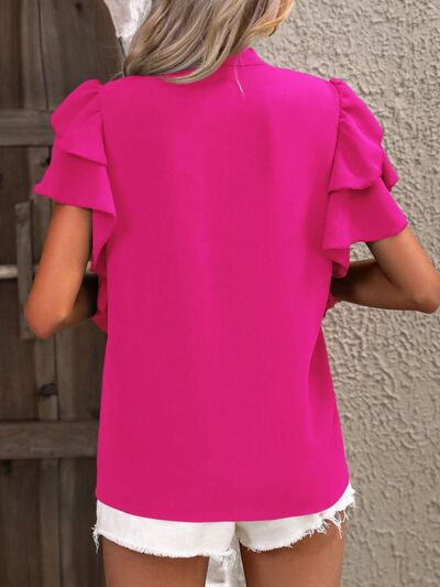 swvws Ruffled Notched Short Sleeve Blouse