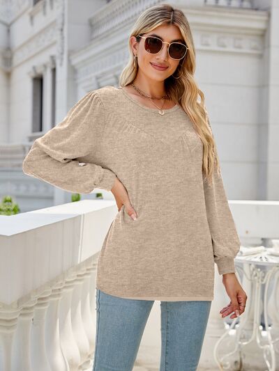 swvws Heathered Round Neck Lantern Sleeve Blouse