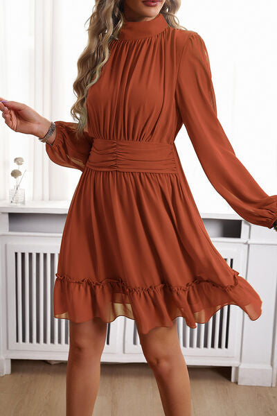 swvws Frill Ruched Mock Neck Balloon Sleeve Dress