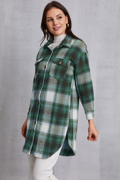 swvws Plaid Button Up Dropped Shoulder Coat with Pockets