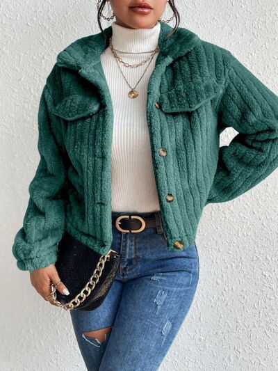 swvws Fuzzy Button Up Collared Neck Jacket