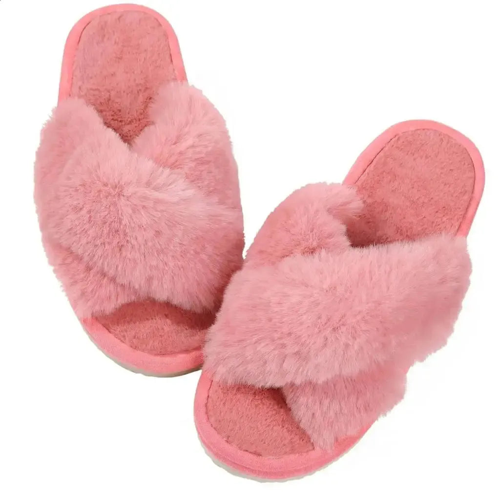 Eyriphy Womens Cross Band Fuzzy Slippers Women Fluffy Fur Slippers Memory Foam Plush Home Shoes Bedroom Slides Women Cozy Soft 240830