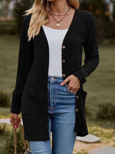 swvws Ribbed Button Up Long Sleeve Cardigan