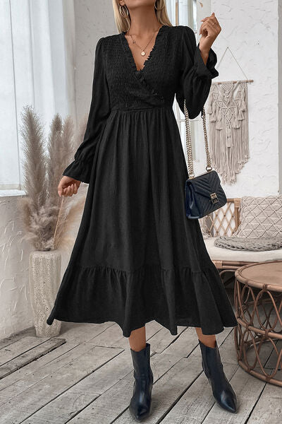 swvws Smocked Surplice Flounce Sleeve Midi Dress