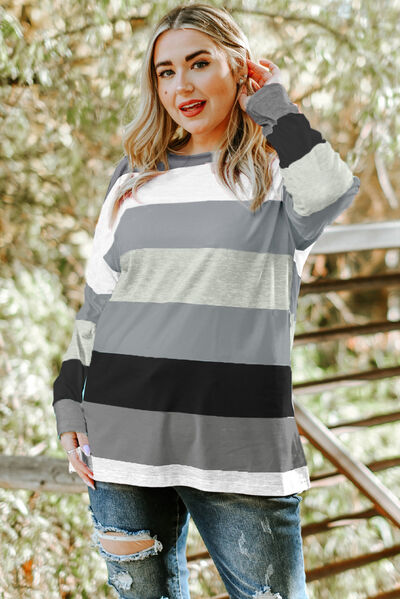 swvws Plus Size Striped Slit Long Sleeve T-Shirt