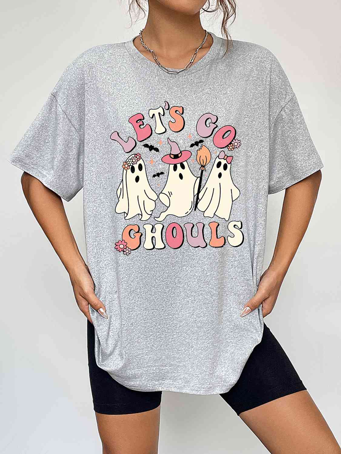 swvws Round Neck Short Sleeve LET'S GO GHOULS Graphic T-Shirt