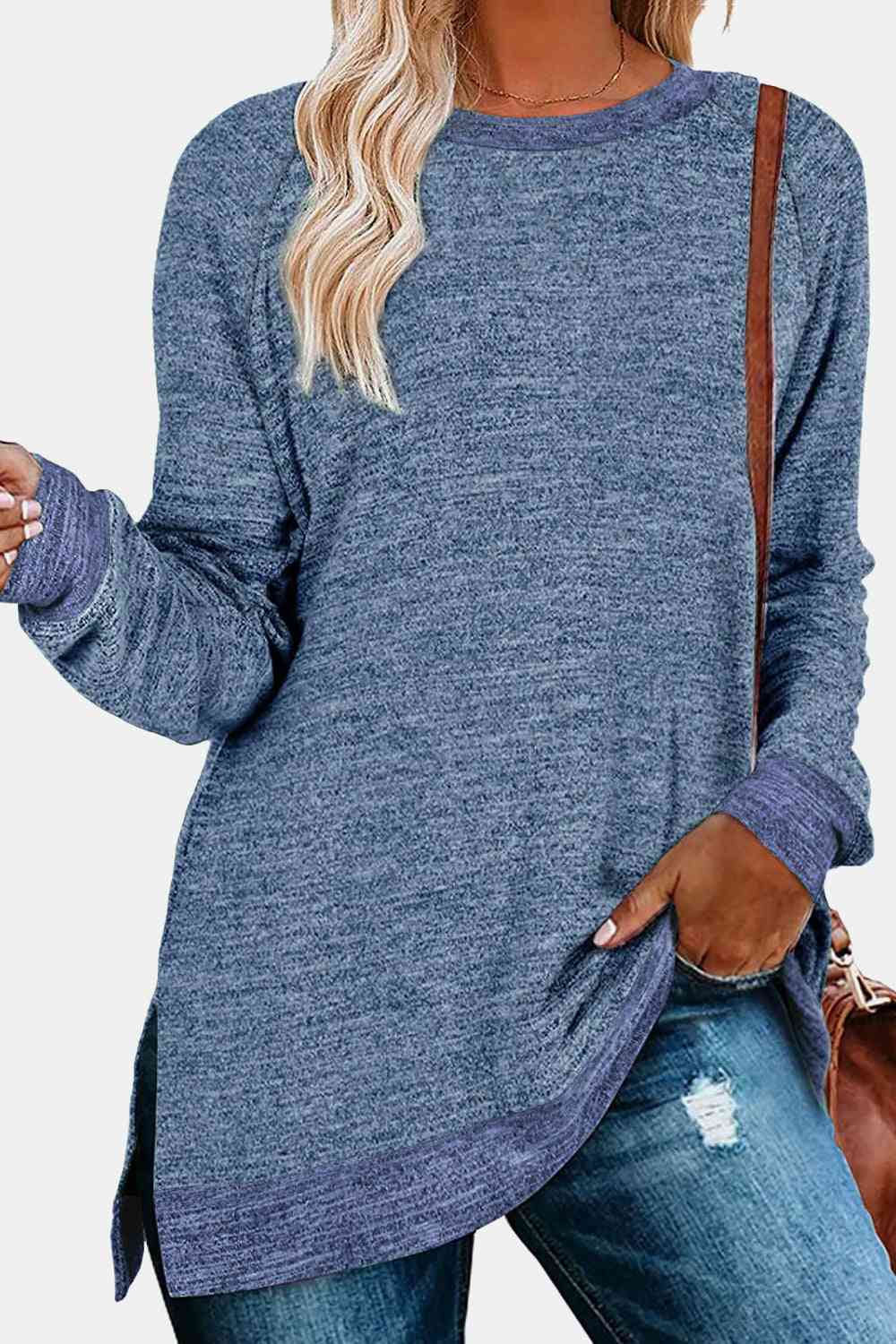 swvws Round Neck Long Sleeve Slit T-Shirt