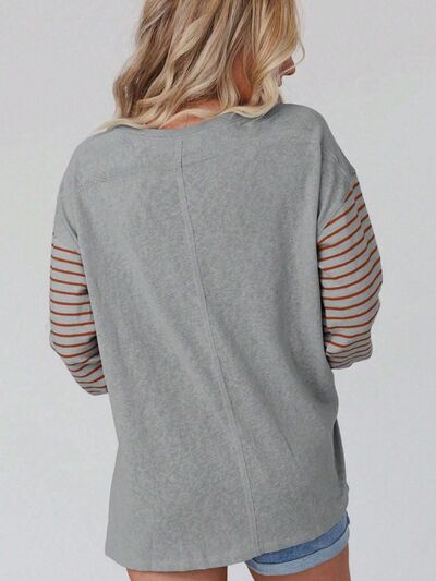 swvws Round Neck Striped Long Sleeve Slit T-Shirt