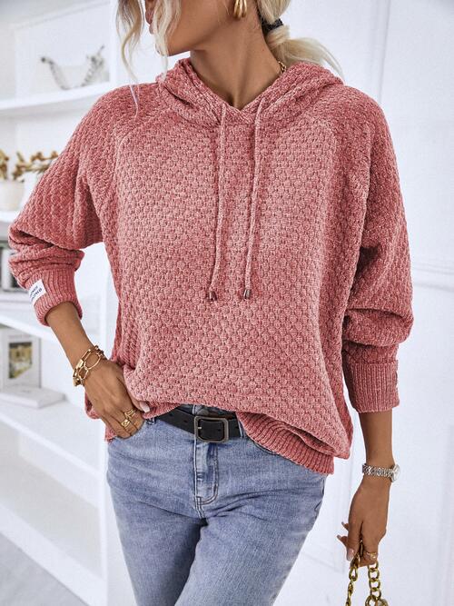 swvws Texture Drawstring Long Sleeve Hooded Sweater