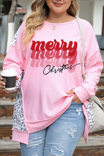 swvws Plus Size MERRY CHRISTMAS Leopard Round Neck Sweatshirt