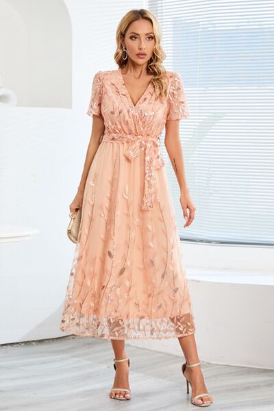 swvws Sequin Leaf Embroidery Tie Front Short Sleeve Dress