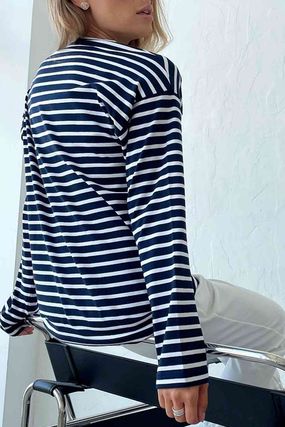 swvws Round Neck Striped Dropped Shoulder T-Shirt