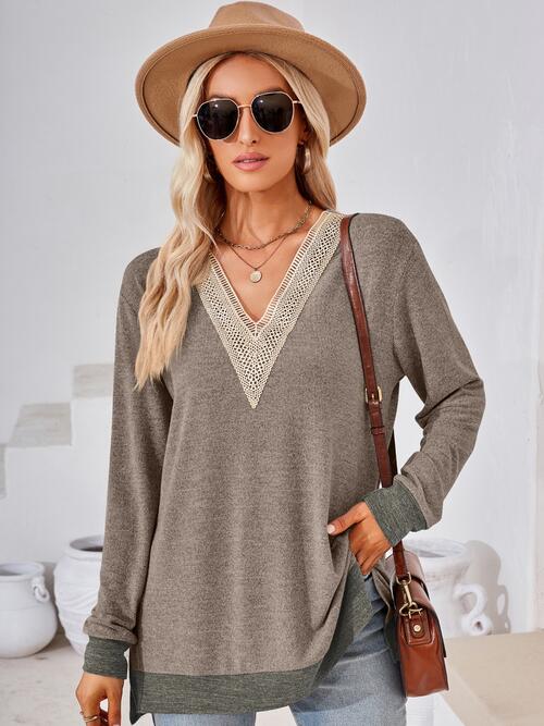 swvws Crochet Contrast V-Neck Long Sleeve Slit T-Shirt