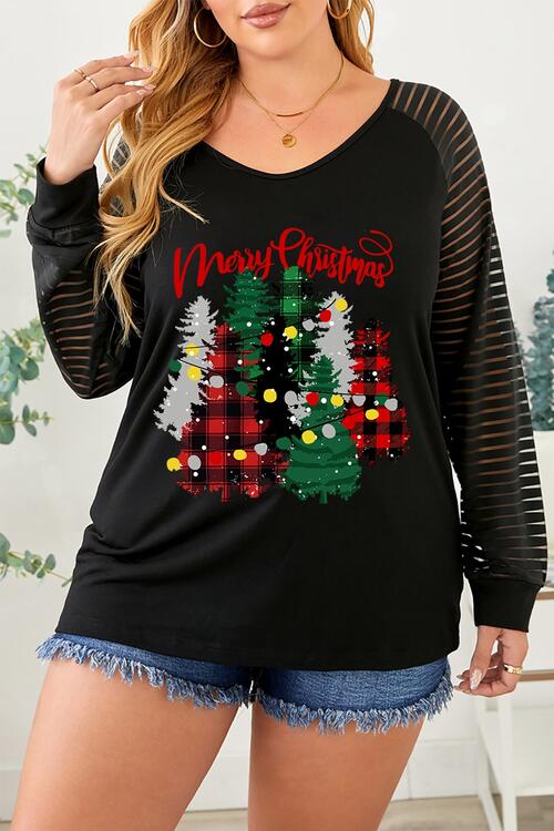 swvws Plus Size Christmas Tree Striped Round Neck T-Shirt