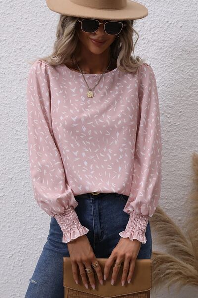 swvws Printed Round Neck Lantern Sleeve Blouse