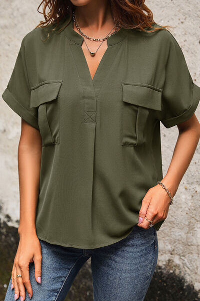 swvws Pocketed Notched Short Sleeve Blouse