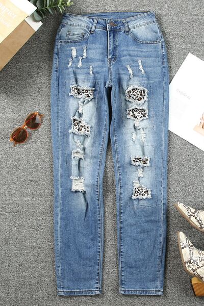 swvws Leopard Distressed Pocketed Straight Jeans