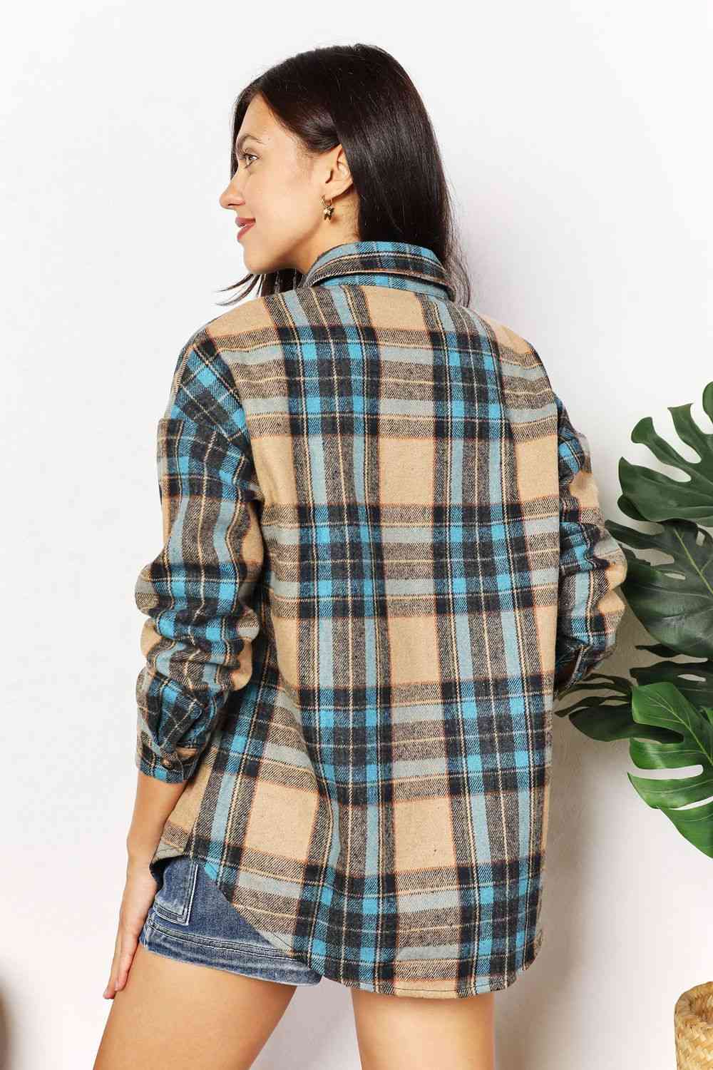 swvws Double Take Plaid Curved Hem Shirt Jacket with Breast Pockets