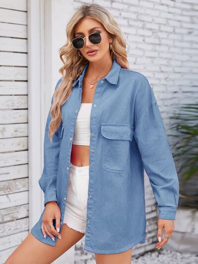 swvws Pocketed Snap Down Dropped Shoulder Denim Shacket