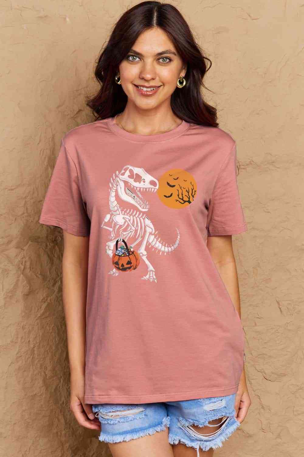 swvws Simply Love Full Size Dinosaur Skeleton Graphic Cotton T-Shirt