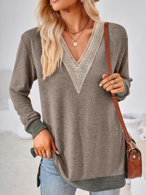 swvws Crochet Contrast V-Neck Long Sleeve Slit T-Shirt