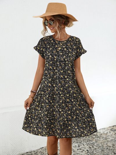 swvws Frill Floral Round Neck Short Sleeve Tiered Dress