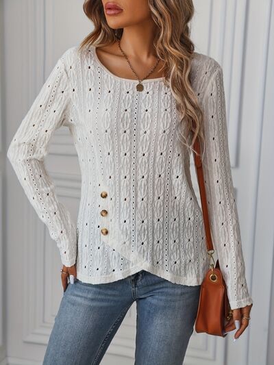 swvws Eyelet Boat Neck Long Sleeve Blouse