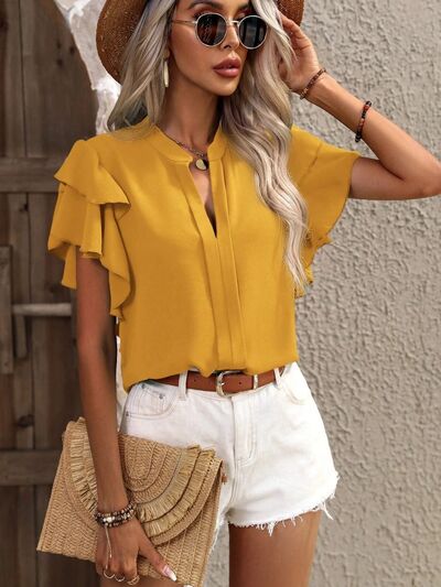 swvws Ruffled Notched Short Sleeve Blouse