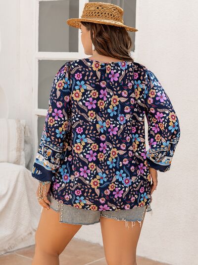 swvws Plus Size Tie Neck Tassel Printed Blouse