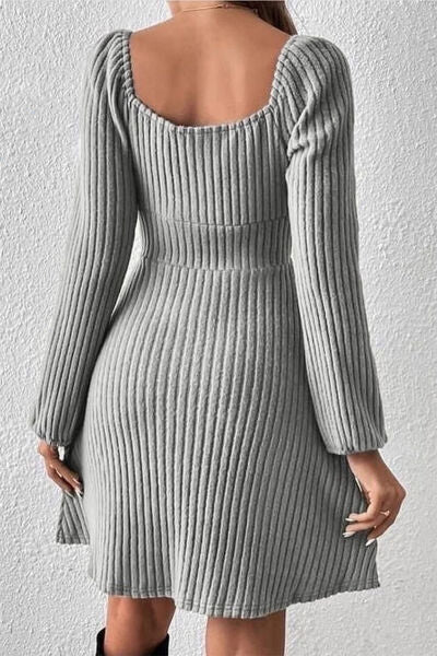 swvws Ribbed Tied Square Neck Long Sleeve Mini Dress