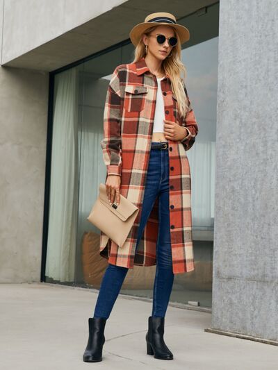 swvws Plaid Pocketed Button Up Trench Coat