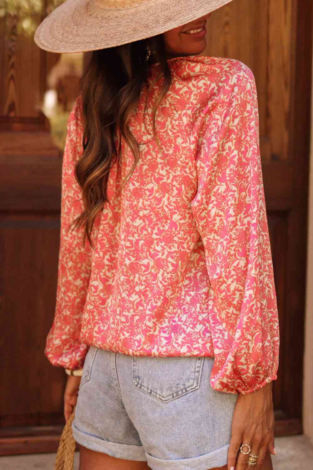 swvws Floral Tie Neck Balloon Sleeve Shirt