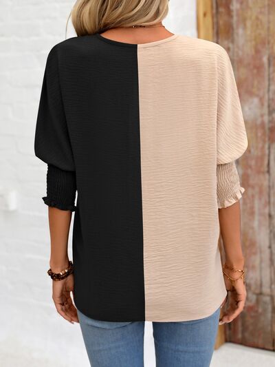 swvws Contrast V-Neck Lantern Sleeve Blouse