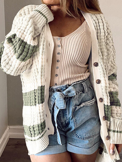 swvws Plus Size Striped Button Up Dropped Shoulder Cardigan