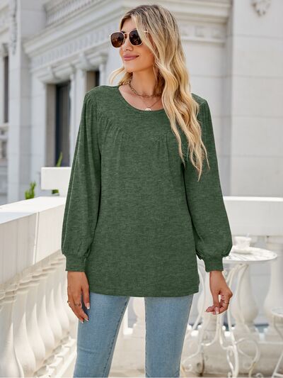 swvws Heathered Round Neck Lantern Sleeve Blouse