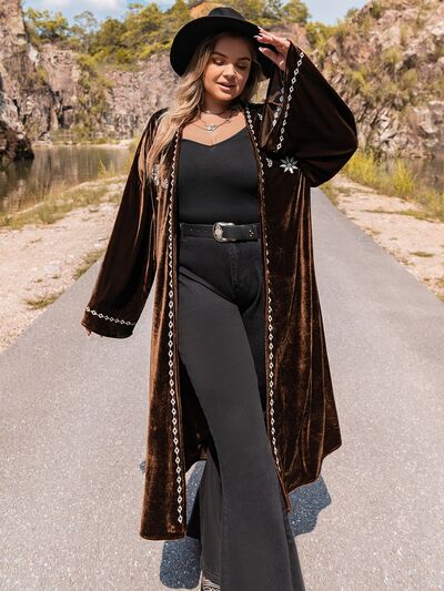 swvws Plus Size Embroidery Open Front Long Sleeve Cardigan