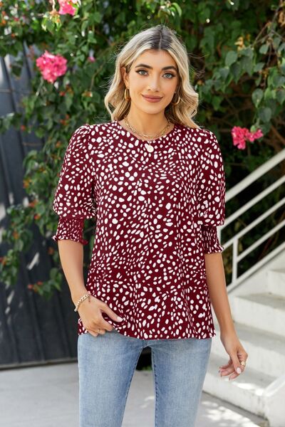 swvws Polka Dot Round Neck Lantern Sleeve Blouse