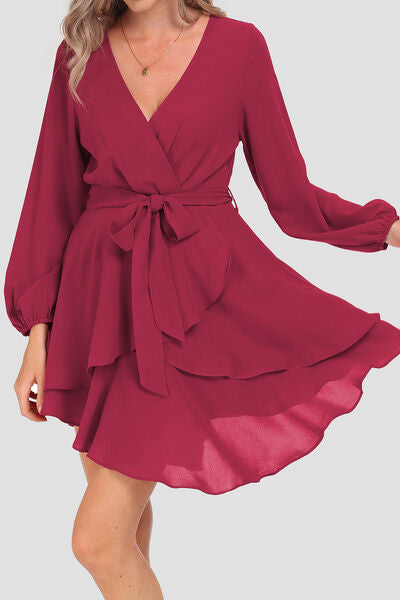 swvws Tied Surplice Balloon Sleeve Layered Dress