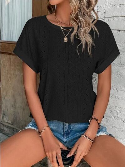 swvws Eyelet Round Neck Short Sleeve T-Shirt