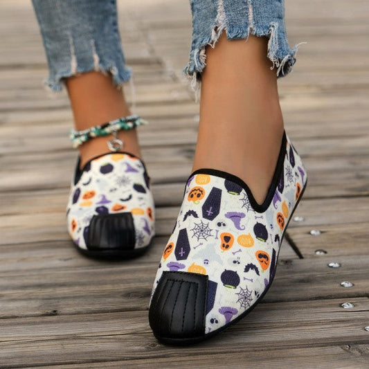 swvws - Halloween Cream White Casual Patchwork Printing Round Comfortable Flats Shoes