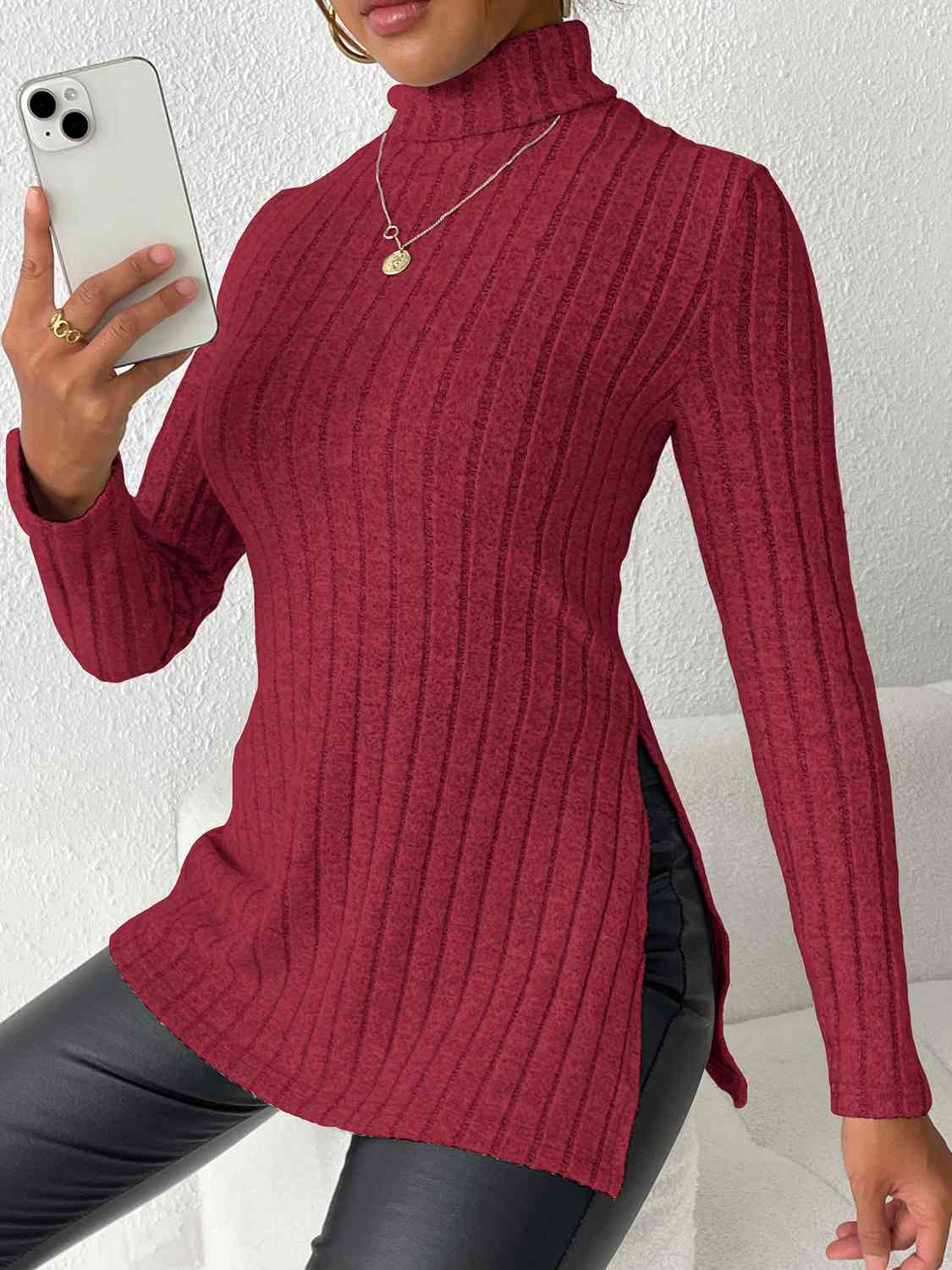 swvws Ribbed Turtleneck Long Sleeve Slit T-Shirt