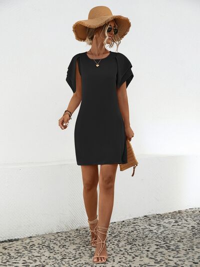 swvws Round Neck Flutter Sleeve Mini Dress